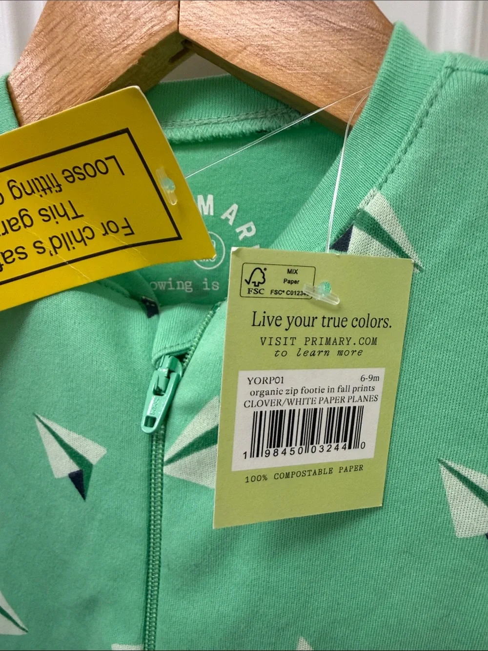 Primary Mint Green Paper Plane Footed One-Piece